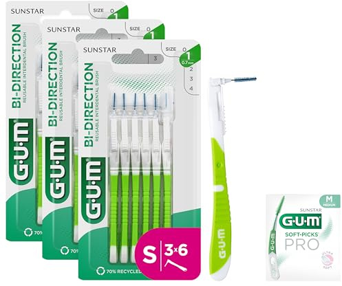 GUM BI-DIRECTION Scovolini interdentali a doppia posizione | Posizionamento a 90 gradi | pulizia dei denti e rimozione della placca | 0.7mm, ISO 1 | Taglia S |​ Confezione 3x6 + 1 campione gratuito