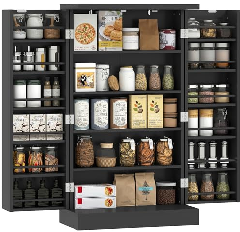 HOMCOM Kitchen Cupboard, 104cm Freestanding Pantry Cabinet, Kitchen Storage Organiser with Double Doors, 5 Tiers, 12 Spice Racks and Adjustable Shelves, Black