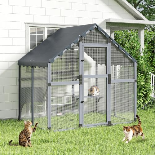 Large Walk-in Cat House with Window Connection, Large Cat Enclosure Catio Outdoor with Waterproof Condo,Platform, Small Animal House with Wall-Pet Doors（185 * 136 * 184cm）
