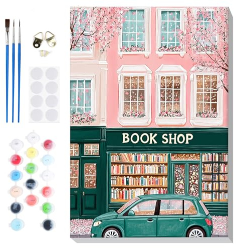 Lxmsja Pintar por Numeros Librería Adultos con Marco, DIY Cuadros para Pintar Escena callejera Colorear por Números Lienzos, Pintura Acrilica Manualidades Adulto Decoracion Hogar Pared 20x30cm