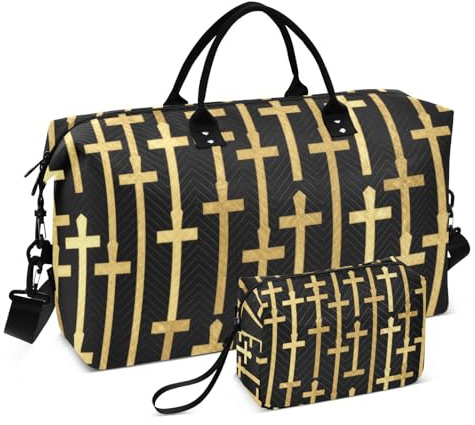 Duffelväska set dubbel väska set våg quiltad dragkedja fack lätt resa, Gyllene kors, One Size, Klassisk