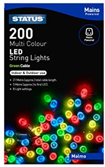 Status Malmo 200 LED Multi-Colour String Lights, 21m Cable with 5m Lead, Mains-Powered IP44 Indoor and Outdoor Party Chain, Green Wire (MALMO200MMC6)