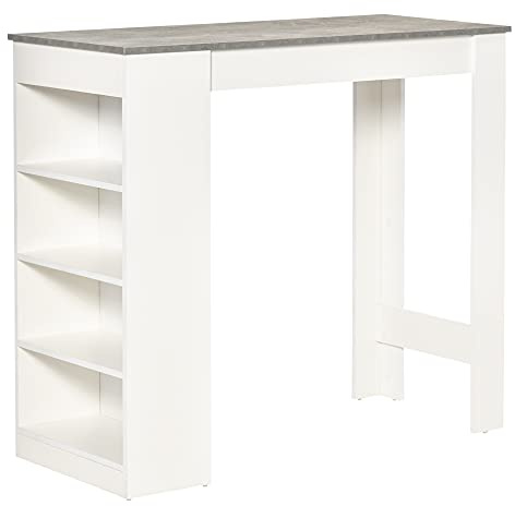 HOMCOM Mesa de Bar Mesa Alta Tipo Bistró de Cocina con Estantería de 4 Niveles Estilo Moderno de Melamina para Comedor Salón 115x50x102,7 cm Blanco y Gris