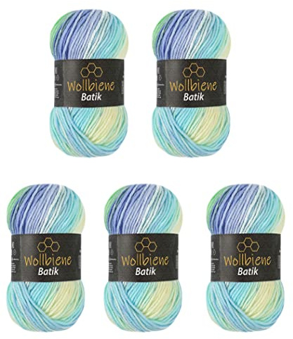 Wollbiene Batik 5010 5 ovillos de 100 g, 500 g, lana con degradado multicolor, multicolor (5010 azul, verde agua)