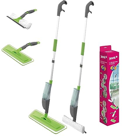 York Bodenwischer Fensterputzer Set Wischmopp Sprühwischer Mop 4in1 Fensterreiniger Sprühfunktion Tank 500 ml Teleskopstiel 110 cm Sprühmopp Spray&Collect, Grün-grau