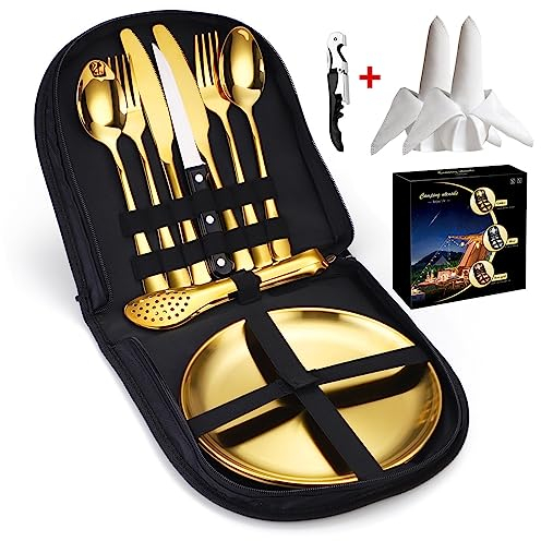 13-teiliges Campingbesteck Set, Outdoor Camping Besteck Set für 2 Personen Kochgeschirr Camping Besteck Set für Outdoor Kochgeschirr, Reisen, Wandern (Gold)