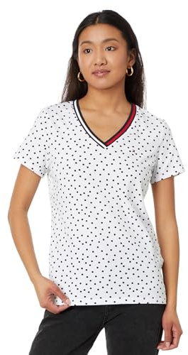 Tommy Hilfiger Women's V-Neck Tee, Bright White/Sky Captain, XL