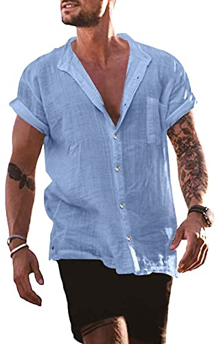 YAOBAOLE Chemise Lin Homme Manche Courte Boutons Col Mao Casual Chemise Été Leger Plage Classique Traditionnelle Unicolore