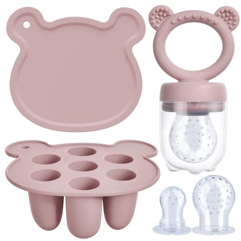 Aolso Fruchtsauger Baby, Baby-Früchte-Futterspender-Set, Babynahrungs-Aufbewahrungsbehälter, Silikon-Baby-Früchte-Futterspender für Schnuller und Muttermilch-Eis am Stiel (Rosa)