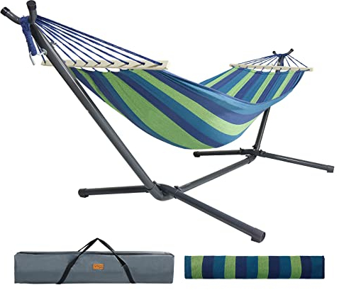 CCLIFE Hängematte mit Gestell Tragetasche Bis 120kg Belastbar höhenverstellbar Leichte Montage Outdoor,Color:Nicht faltbar.Blau&Grün