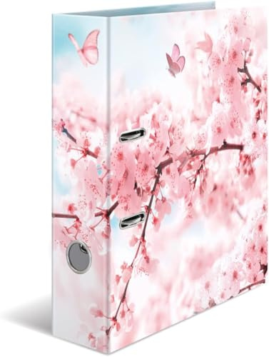 HERMA A4 Cherry Blossom Folder - 7 cm Wide Sturdy Cardboard, Colored Inside and Outside, Ring Binder Lever Arch File, Office Motif Folder (Pack of 5)