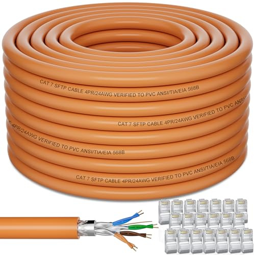 Soibke Cat 7 Ethernet Kabel 100m, Utomhus Nätverkskabel LAN-kabel Skärmad S/FTP Patchkabel Höghastighets 10Gbps 600MHz Wlan Kabel Gigabit Internetkabel Orange Extra Lång Wifi Kabel LSZH 24AWG