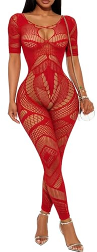 Buitifo Women Lingerie Bodystocking Sexy Bodysuit Fishnet Tights Playsuit Nightwear (DZJRed,M)