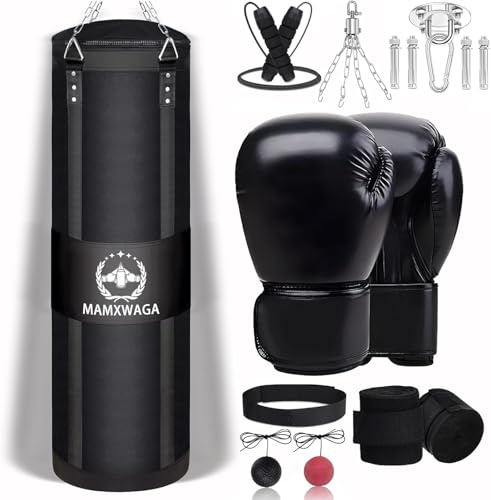 Mamxwaga 4FT Canvas Punching Bag for Adults, Hanging Boxing Heavy Bag with 12oz Gloves for Kickboxing Muay Thai Max Load-Bearing 180 Lbs(Unfilled)