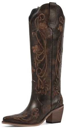 wetkiss Knee High Cowgirl Cowboy Boots for Women Dark Brown Western Cowgirl Boots Womens Country Western Tall