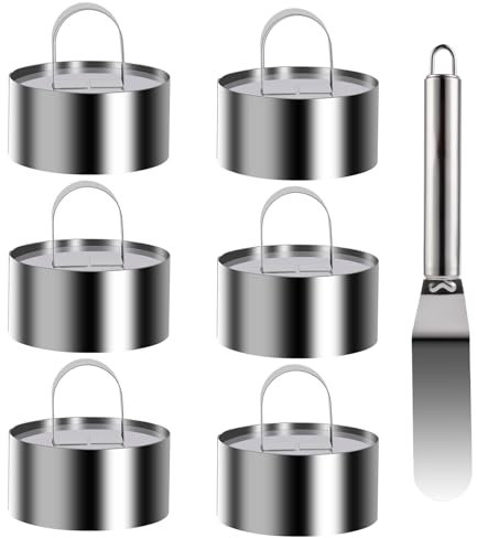 6 Pz Coppapasta Tondi Ø 7,5 cm/Altezza 4 cm, Stampi Coppa Pasta di Acciaio Inox, Anello per Torte, Anelli per Torta Rotondo, Anelli per Torte Dessert Mousse DIY, con Sollevatore, 1 Spatola per Torte