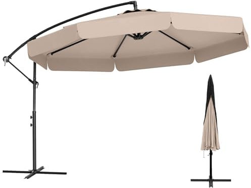 FANTASK Parasol de 300 cm avec housse de protection, manivelle et volant, angle d'inclinaison réglable, parasol de jardin, de marché (beige), beige, Ohne LED