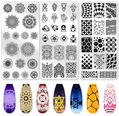 beinkmake 3Pcs Mandala Nail Stamping Plate Leaves Flowers Nail Stamp Templates French Tip Nail Art Stamp Plates Minimalist Floral Image Plate Reusable Tools with Stamper Scraper for Manicure Printing