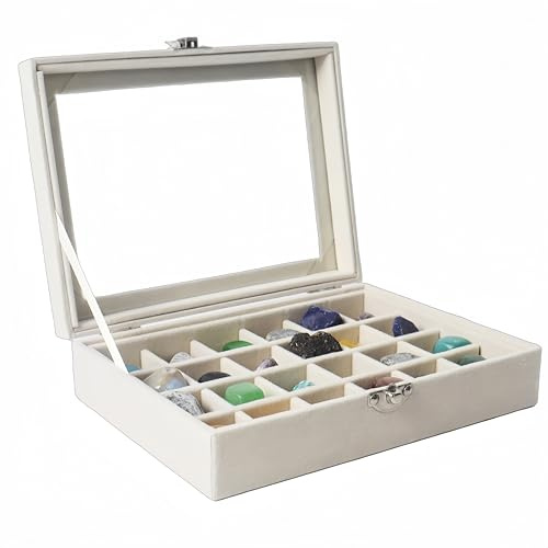 Dmnnlp 24 Grids Rock Display Case, Velvet Rock Collection Box with Glass Clear Lid, Storage Display Box for Small Gemstone Fossil Crystal Stone Rings Earrings Charms Collectibles(Beige)