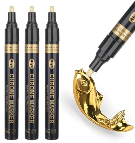 MOTIBACK Metallic Paint Pens 3 Pack Permanent Liquid Markers with Mirror Effect Christmas Resin Crafts Model Painting and DIY Projects on Metal Glass Plastic Surfaces 2-3mm (Gold)