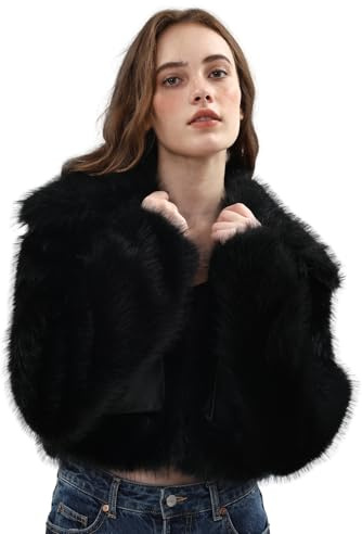 Amazhiyu Womens Faux Fur Coat with Pocket, Winter Lapels Long Sleeve Jacket Black S
