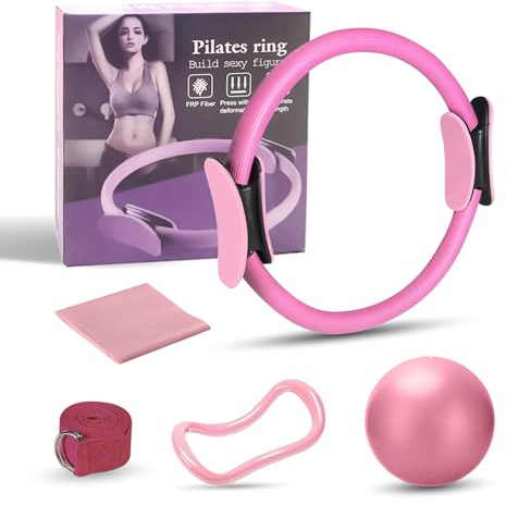 TOHADRILL Kit Pilates Casa, Aro Pilates 38 cm, Accesorios Banda Elástica 1.5m, Pelota 25 cm, Anillo Yoga, Cinta Estiramiento, Entrenamiento Hogar, Gimnasio, Mujeres Principiantes