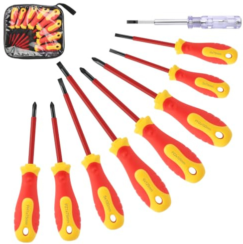 Isolierter Schraubendreher Set 9tlg, Magnetisch Schraubenzieher Set bis 1000V aus Chrom-Vanadium-Stahl, mit Schlitz, Kreuzschlitz, Pozidriv Schraubendreher und Spannungsprüfer, für Elektriker & DIY