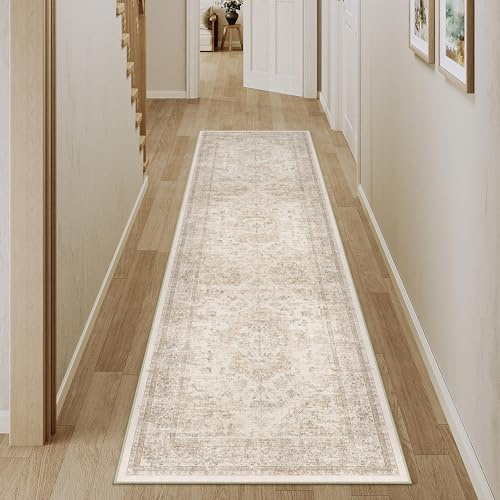 PureCozy Vintage Teppich Flur Läufer 60x240cm Beige Teppichläufer Waschbarer Carpet Weich rutschfest Lang Teppiche Schlafzimmer Bettvorleger Küche Büro Kurzflor Tepich
