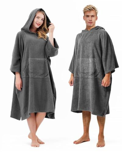 Towel Poncho Adult with Hooded, Super Absorbent Changing Bath Robe, Quick Dry Towel Robe Hooded, Comfort Wearable Towelling Poncho with Large Pocket, Changing Robe for Beach Swim Surf Men Women Grey
