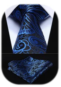 HISDERN Paisley Ties for Men Extra Long Blue & Black Tie and Handkerchief Set Formal Wedding Necktie with Pocket Square, XL, 160CM