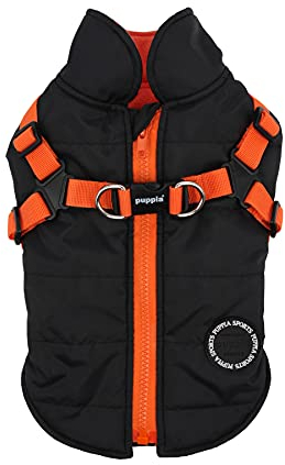 Puppia Hochwertiger Hundemantel für kleine Hunde und mittelgroße Hunde - wasserdicht und mit Fleece gefüttert für angenehme Wärme - Hundemantel mit Geschirr, Schwarz-Orange, S, PAPD-VT1366-BO-S