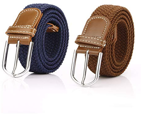 lalafancy Lot de 2 Ceinture Femme Tressée Extensible Toile Sangle Homme Elastiques Ceinture pour Jeans Robe Pantalons (Marron & Bleu Foncé)