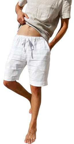 LVCBL Pantalones Cortos de Lino para Hombre Pantalones Cortos de Playa de Verano con Cordón Casual Blanco L