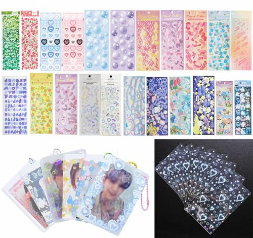 6 Kpop Photocard Holder Keychain Toploaders,50 Holographic Card Sleeves for Trading Cards ,22 Ribbon Heart Bubble Deco Korean Stickers for Binder Album Scrapbooking Top Loader