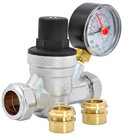 Kudos-Trading - Water Pressure Reducing Regulator Valve for 22mm Compression & 15mm Copper Piping Adjustable 1-6 Bar Brass Adjustable Pressure Reducing Valve with Gauge.