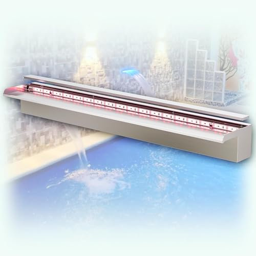 LONGRUN Kit de lames de cascade de bassin de 90 cm, cascade en acier inoxydable 304, fontaine de piscine extérieure avec lumières LED 7 couleurs et télécommande, largeur 15 cm