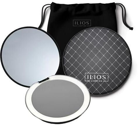 Ilios Lighting Black LED Compact Mirror with Light and 1x and 10x Magnifying Mirror in 5-inch mini Size Ideal for Travel