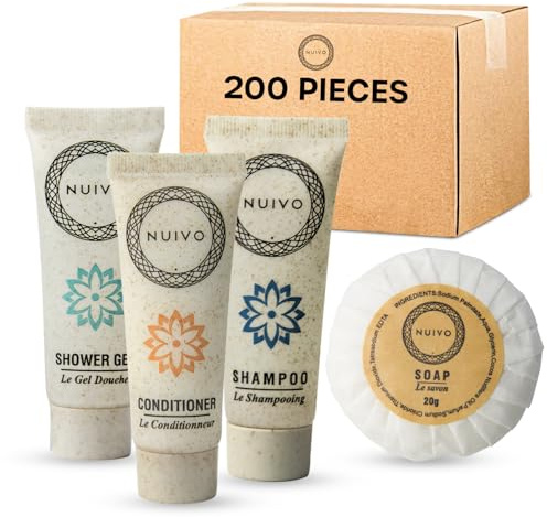 NUIVO - Confezione da 200 prodotti per la casa: gel doccia, shampoo, balsamo, saponi 20g - Tubi da 30ml ecocompatibili - Ideale per hotel, Airbnb, matrimoni, eventi