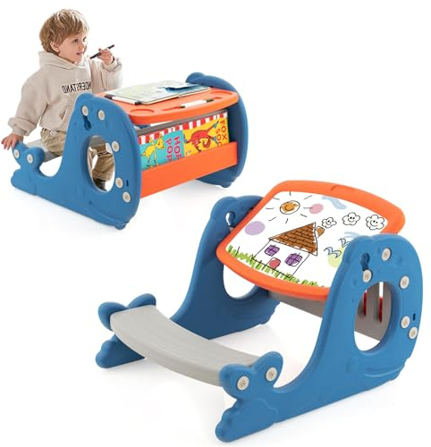 GYMAX Set Cavalletto d'Arte Convertibile per Bambini, Tavolo Multifunzione Regolabile con Panchina, Lavagna Bianca Cancellabile, a Forma di Balena, per Stanza dei Bambini, Asilo