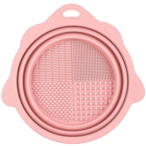 HAPPITON Foldable Silicone Makeup Brush Cleaner Mat Pad Bowl Makeup Kits Cleaning Tool for Makeup Brushes Sponges Powder Puffs(Pink)
