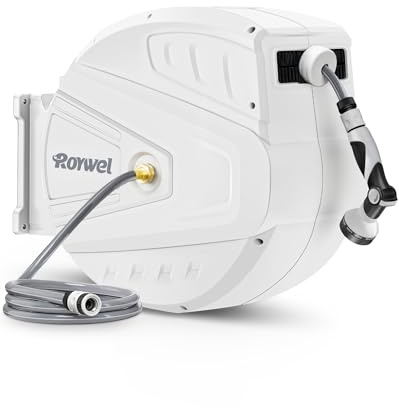 Roywel Enrouleur automatique de tuyau d'arrosage 40 m, enrouleur mural, système de verrouillage automatique, pivot à 180° avec buse de pulvérisation multifonction