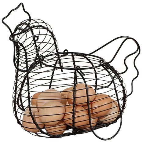 Wire Egg Basket | Chicken Hen Shaped Wire Egg Storage Basket Holder Rack | Rustic Metal Chicken Egg Holder with Handle | Farmhouse Chicken Egg Basket Kitchen Gadget