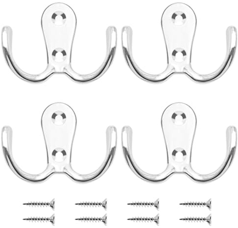 LICQIC Double Prong Robe Hooks, Dual Coat Door Hooks, Double Hook for Hanging Robe, Towel, Coat, Bag, Hat (Silver, 4 Pcs)
