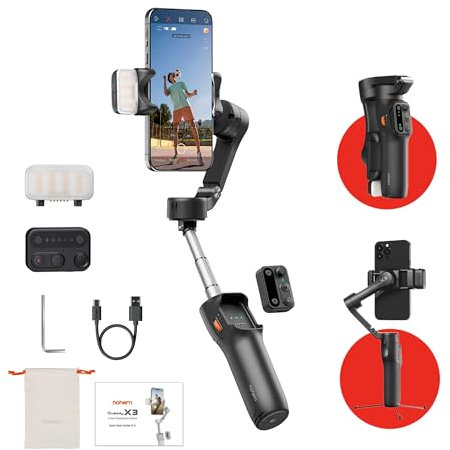 hohem iSteady x3 Gimbal Stabilizer for iPhone, AI Tracker Stabilizer, 3-Axis Smartphone Foldable Gimbal w/3-Color Fill Light, Detachable Remote Control, Built-in Extension Rod Tripod, hohem x3