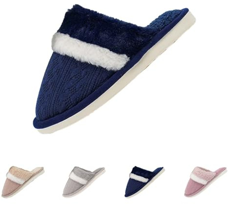 Womens Slippers New Slip On Size 5 Ladies House Slippers Gifts Memory Foam Slippers for Adult Unisex Comfy House Shoes Faux Fur Lined Cosy Open Back Mules Mens Slippers Christmas A1-Navy