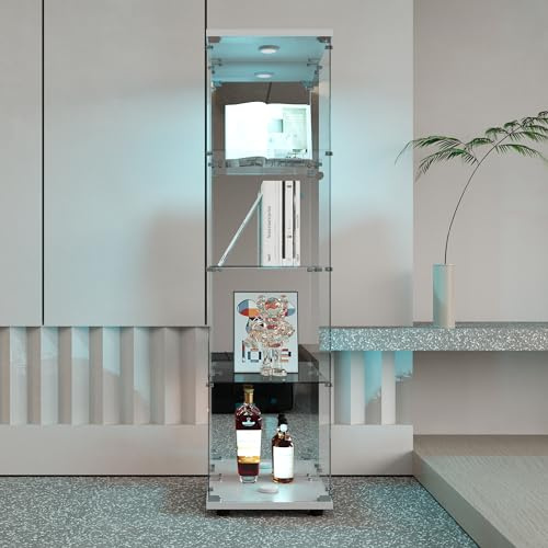 LED-glasfönster, glasskyltskåp med 1 dörr 4 våningar glasmonter skåp skåp skåp glas med lås stående skyltfönster bar vardagsrum (vit, 1 dörr 4 lager LED,