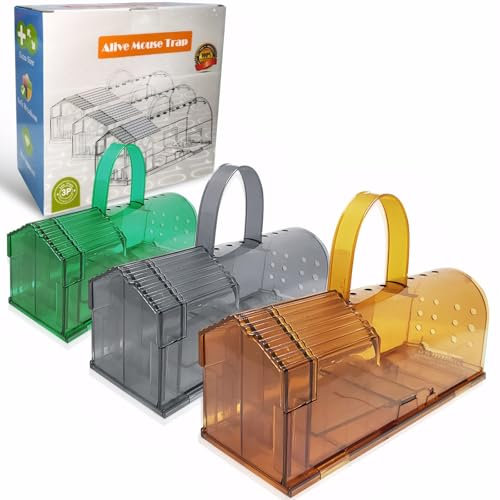 Set di 3 Trappole per Topi Interno,Riutilizzabile Trappole Topi Viva con Maniglia per il Trasporto, Facile da Pulire e Installare, Uso Interno e Esterno(Marrone/Verde/Grigio)