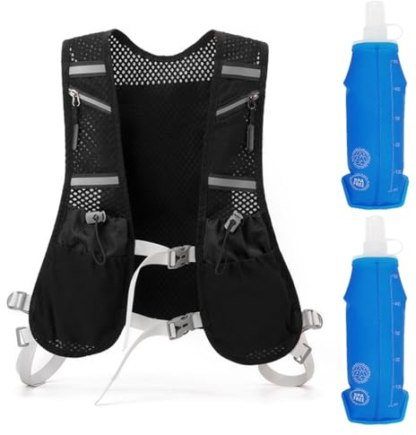 Yuragim Gilet de course pour homme et femme avec 2 bouteilles d'eau de 500 ml, gilet de course réfléchissant, sangles de poitrine réglables, gilet d'hydratation avec 7 poches pour la course, le