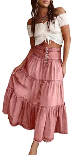 SUIUOI Jeanskjolar för kvinnor lång, boho A-linje trappkjol i denimlook, längd till fotled, lättskött polyestermix maxikjol, skrynkelfri för fritid, semester, vardag, ROSA, L