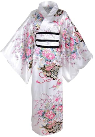 Yukata para Mujeres Patrón Floral Floral Kimono Silky cómoda y cómoda con el cinturón Kimono Kyoto Broas de Flor Tradicionales para Fiesta, Cosplay, Accesorios (Blanco)